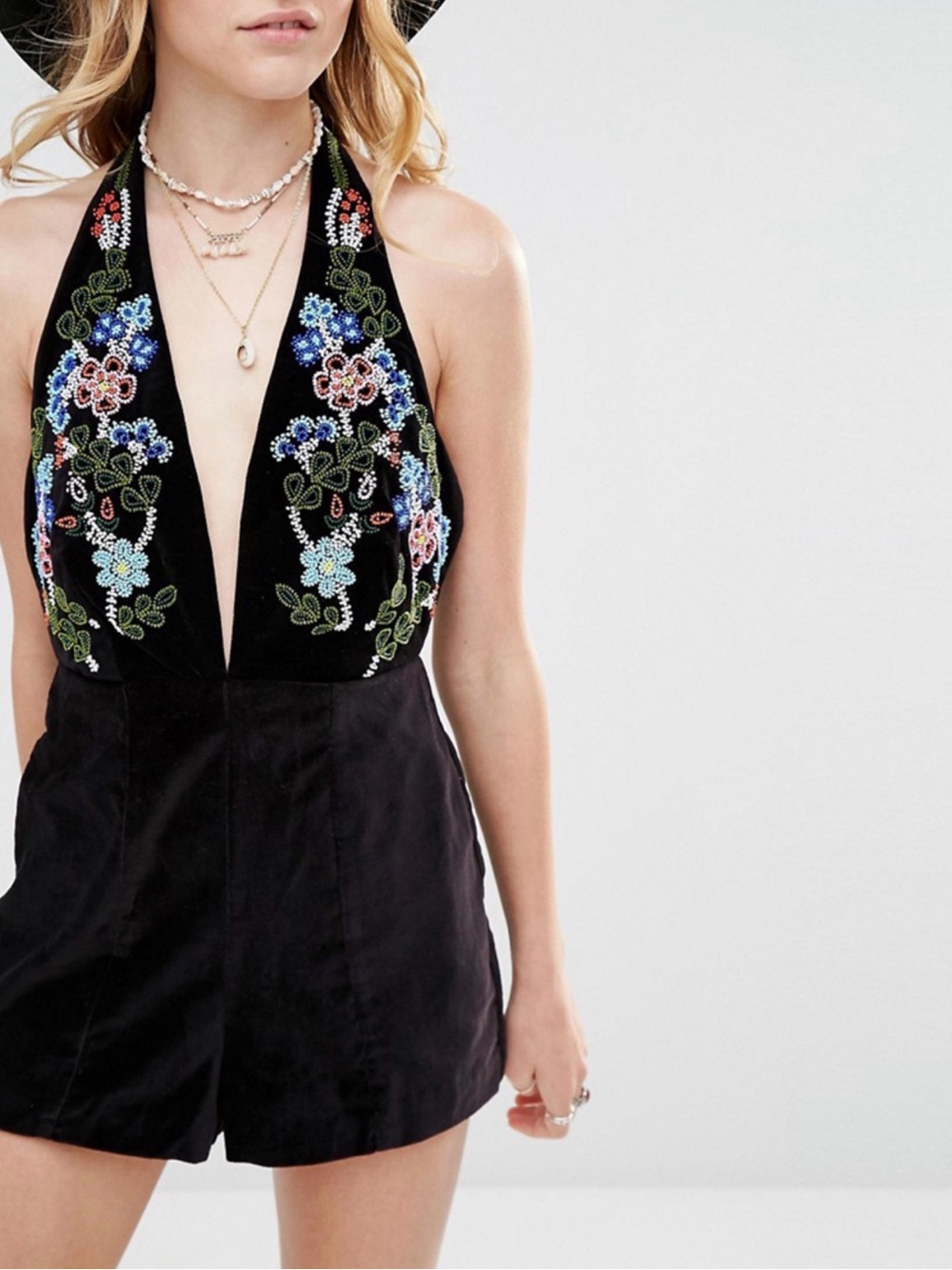 Glamorous Black Velvet Halter Romper with Multicolor Floral Embroidery